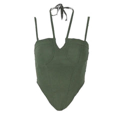 Solid halter notch neck self tie backless cami crop top-final-sale