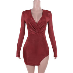 V neck long sleeve ruched slit glitter mini dress