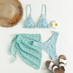 Flower print mesh contrast backless self tie 3 piece swimwear