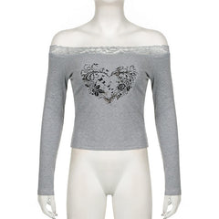 Long sleeve off shoulder ribbed heart pattern lace hem top
