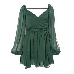 Long puff sleeve mesh print ruched mini dress-final-sale