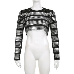 Hollow out long sleeve fishnet see through buckle solid crop cut out top