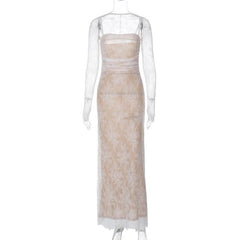 Long sleeve lace zip-up ruched shrug cami maxi dress-final-sale