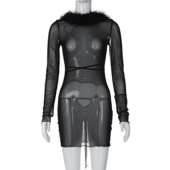 Long sleeve sheer mesh feather ruffle backless mini dress-final-sale