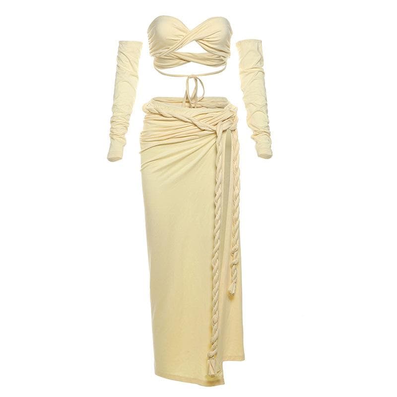 Gloves one shoulder high slit self tie maxi skirt set-final-sale