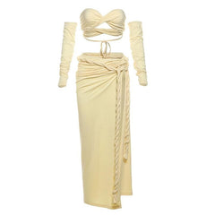 Gloves one shoulder high slit self tie maxi skirt set-final-sale