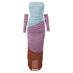 Mesh ruched contrast patchwork off shoulder maxi tube dress-final-sale