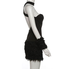 Cross back fluffy halter solid tube mini dress
