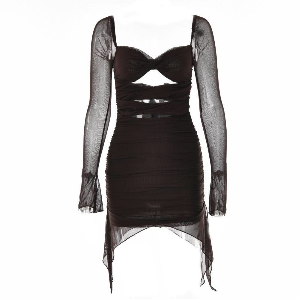 Long sleeve solid hollow out slit mesh ruched zip-up backless cut out mini dress-final-sale