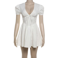 Puff sleeve v neck bowknot zip-up mini dress