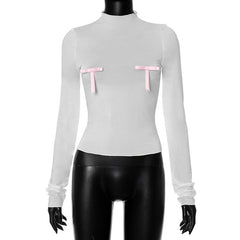 Bowknot contrast high neck long sleeve ruffle top