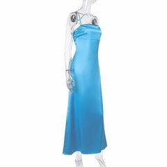 Cross back self tie ruched satin square neck maxi dress