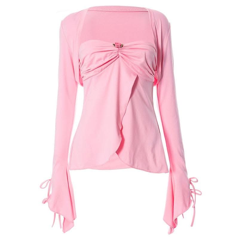 Long sleeve self tie ruched flower applique ruffle solid mini skirt set-final-sale