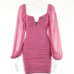 Mesh solid long sleeve ruched notch neck zip-up mini dress-final-sale
