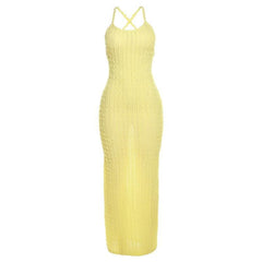 Cross back self tie backless u neck textured solid maxi dress-final-sale