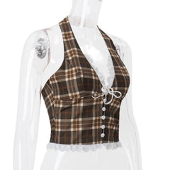 Halter v neck plaid ruffle button crop top