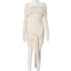 Long sleeve off shoulder ruched knotted mini dress