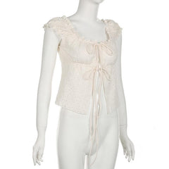 U neck puff sleeve textured ruffle top