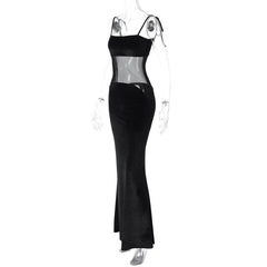 Self tie mesh patchwork backless velvet solid cami maxi dress-final-sale