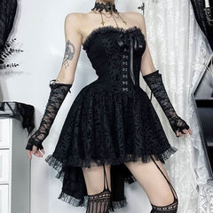 Sweetheart neck lace hem ruffle button mini dress