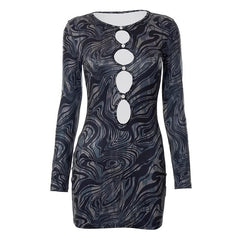 Button hollow out long sleeve round neck ripple contrast cut out mini dress-final-sale
