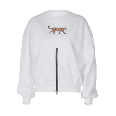 Long sleeve crewneck leopard pattern zip-up top