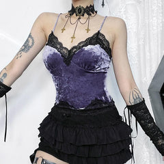 Velvet lace hem contrast v neck cami top | victorian gothic dresses