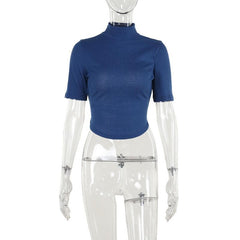 Short sleeve high neck fluffy backless top
