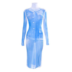 Sheer mesh see through turtle neck long sleeve contrast print midi dress