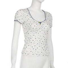 Short sleeve patchwork flower applique print top