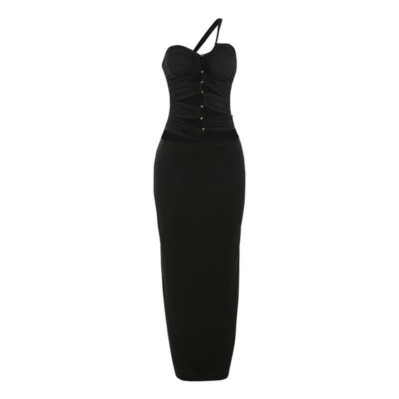 One shoulder hollow out metal applique cut out maxi dress-final-sale