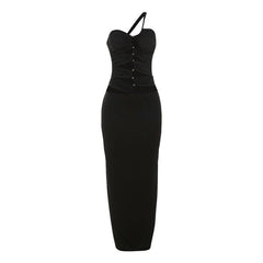 One shoulder hollow out metal applique cut out maxi dress-final-sale