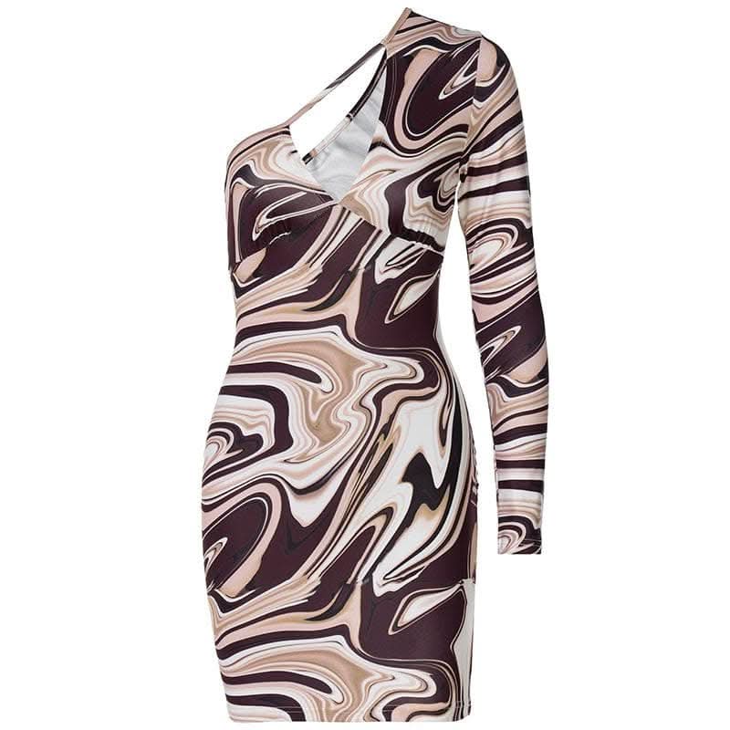 One shoulder irregular ripple hollow out cut out mini dress-final-sale