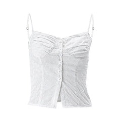 Textured pleated button slit solid backless cami top-final-sale