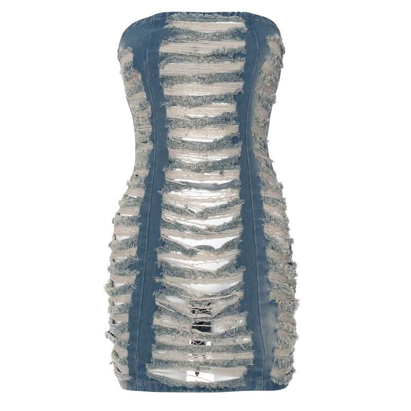 Hollow out ruched raw hem zip-up tube cut out mini dress