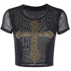 Short sleeve beaded cross pattern sheer mesh see through contrast top-final-sale