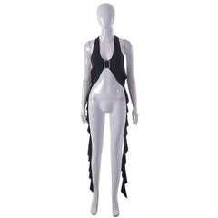 Solid halter buckle self tie ribbon backless crop top-final-sale