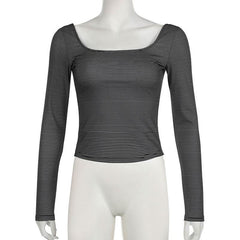 Long sleeve u neck striped backless top