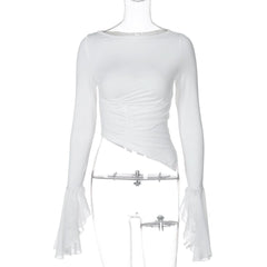 Long flared sleeve crewneck irregular solid top