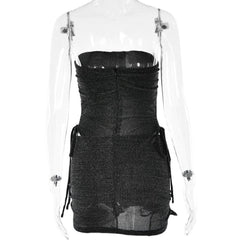 Drawstring textured backless solid bodysuit mini skirt set-final-sale