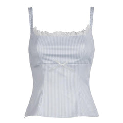 Striped print lace hem zip-up bowknot cami top