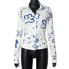 Turnover collar button contrast print long sleeve top-final-sale