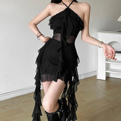Halter sheer mesh ruffle backless mini dress