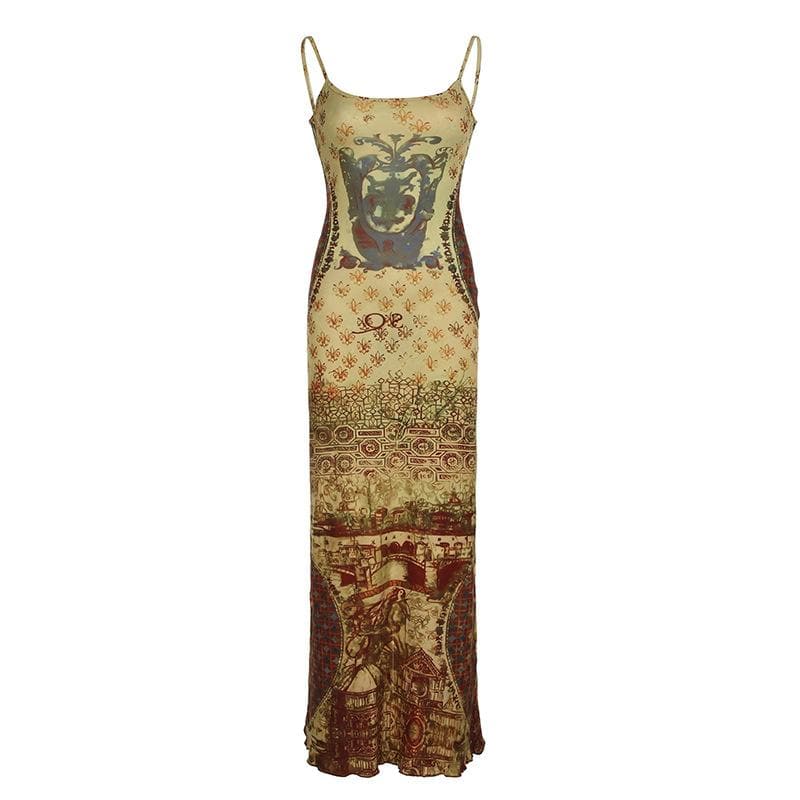 Print abstract backless cami maxi dress
