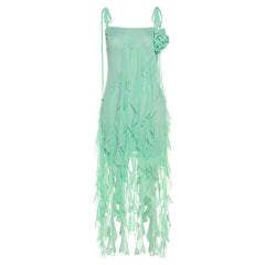 Ruffle solid self tie mesh flower applique ribbon midi dress-final-sale