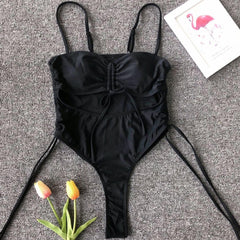 Hollow out drawstring one piece swimwear