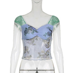 Cap shoulder lace hem contrast top