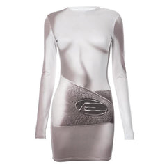 Long sleeve body print crewneck contrast mini dress-final-sale