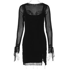 Long sleeve slit mesh square neck mini dress