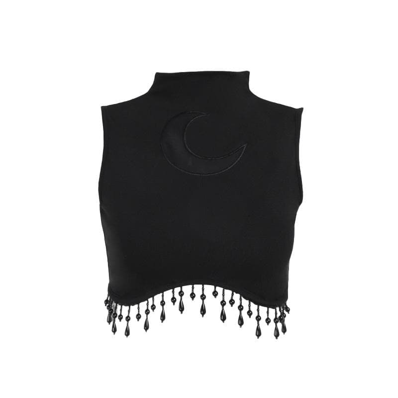 Sleeveless high neck moon pattern beaded crop top